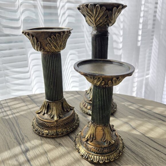 Set of 3 Roman Style Candlesticks | Vintage Green & Gold Pillar Candle Holders - Picture 2 of 12